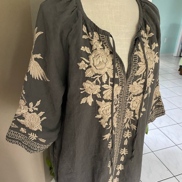 Johnny Was XL Dress Embroidered Linen Half Sleeve V-Neck Tie Pockets NO TAG - Picture 5 of 15